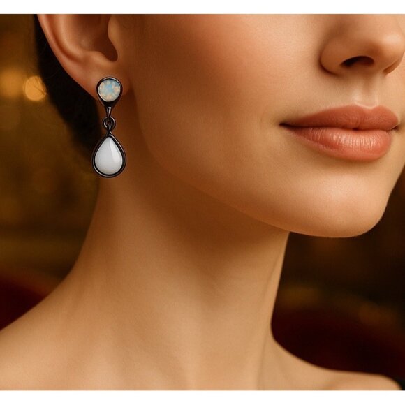 Vintage Givenchy Teardrop Earrings White Cabochon Opal Crystal Dangle Drop - Picture 1 of 7